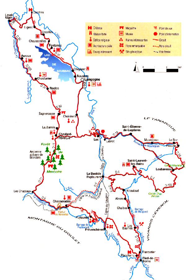 Carte d'itinéraires auto/moto, Lozère